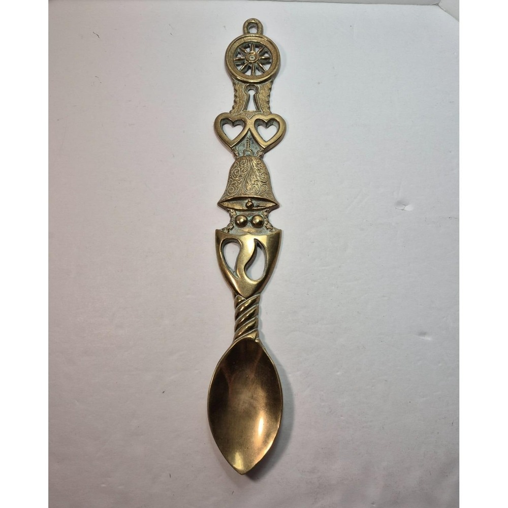 Vintage Solid Brass 15" Welsh Love Spoon Wall Decor from Pontypridd Wales